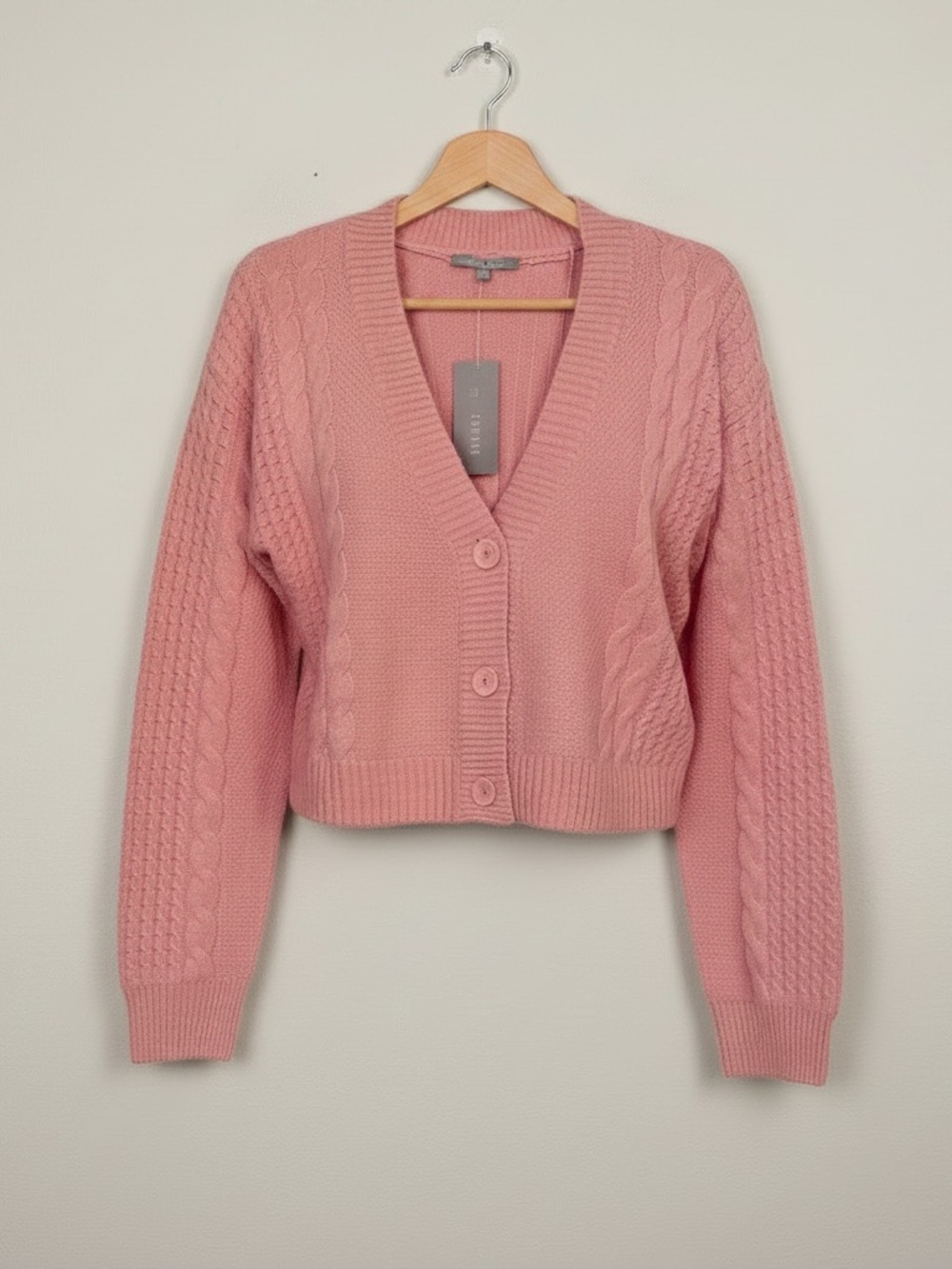 NWT Heart N Crush Light Pink V Neck Cable Knit Button Cardigan